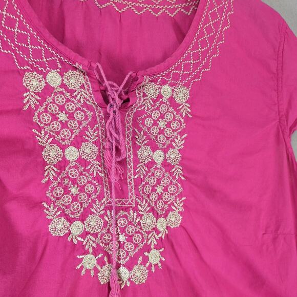 Izod Pink Embroidered Peasant Blouse Women's Plus Size 2X Tassel Tie Cap Sleeve - Picture 4 of 10